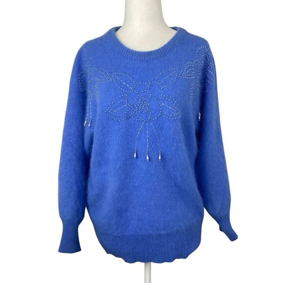 Minali Sweater Womens Small Blue Angora Hand Embroidered Lightweight Pullover - Picture 1 of 8